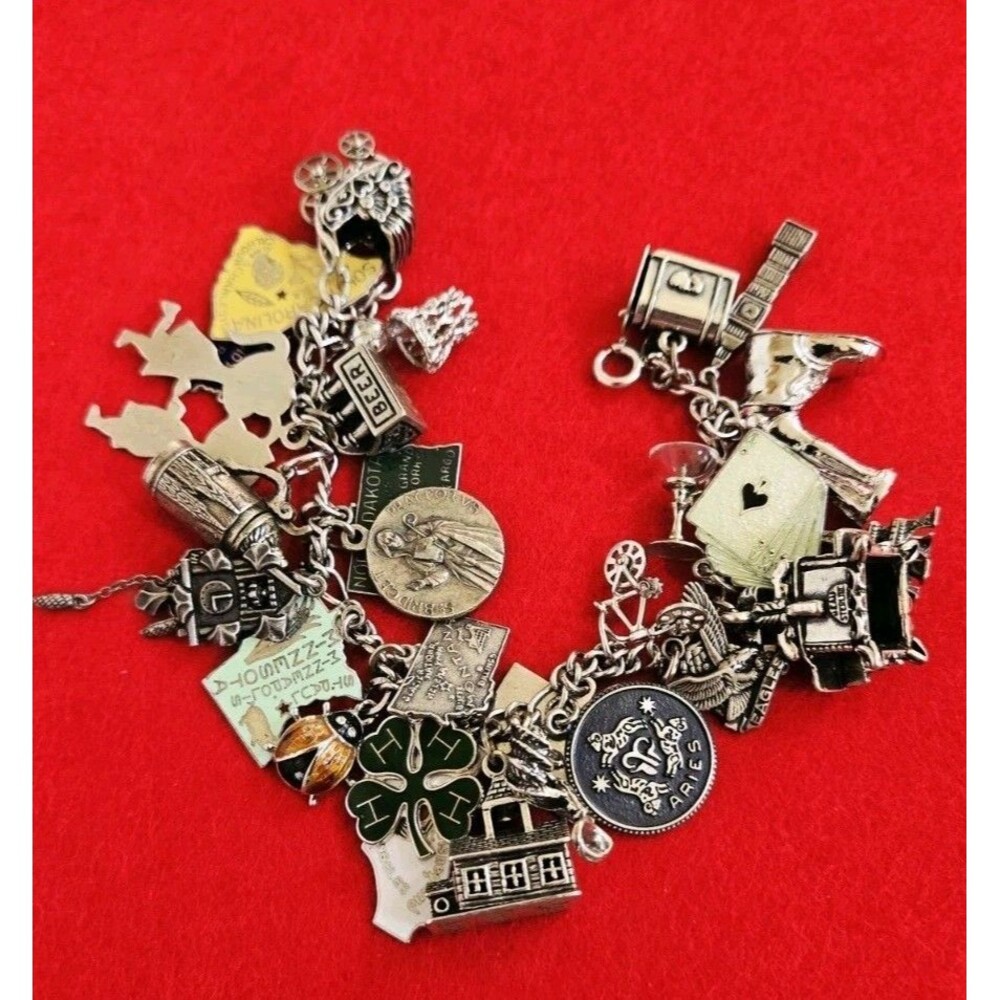 Vintage 95.9 Grams Charm Bracelet Loaded With 30 Sterling Silver Charms